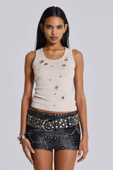 Eye Contact Vest Top With Eyelets in Beige