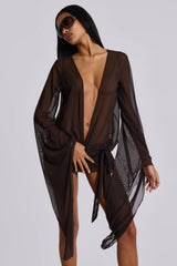 Aria Mesh Plunge Mini Dress in Brown