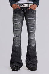 Washed Black Laced Flared Jeans
