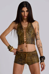 Vaca Whipstitch Faux Leather Mini Shorts in Brown