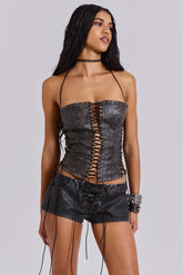 Vaca Whipstitch Faux Leather Mini Shorts in Black