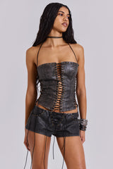 Vaca Whipstitch Faux Leather Mini Shorts in Black