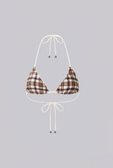 Brown Checked In Triangle Bikini Top