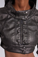 Alektra Military PU Leather Crop Jacket