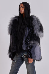 Oksana Patchwork Faux Fur Coat in Black