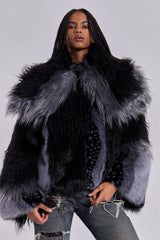 Oksana Patchwork Faux Fur Coat in Black