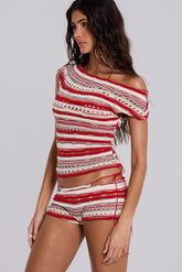 Cata Red Stripe Asymmetric Ruffle Knit Top