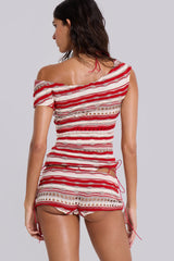 Cata Red Stripe Asymmetric Ruffle Knit Top