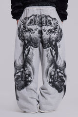 Grey Marl Gothic Print Baggy Monster Joggers