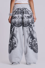 Grey Marl Gothic Print Baggy Monster Joggers