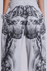 Grey Marl Gothic Print Baggy Monster Joggers