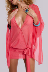 Aria Mesh Plunge Mini Dress in Watermelon