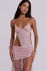 Stellar Asymmetric Hand Beaded Maxi Dress in Pink