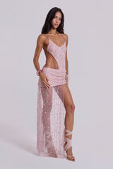 Stellar Asymmetric Hand Beaded Maxi Dress in Pink