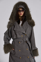 Vania Oversized Faux Fur Hooded Trench Coat