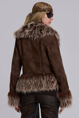 Leonie Faux Mongolian Fur Trim Coat in Brown