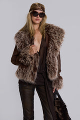 Leonie Faux Mongolian Fur Trim Coat in Brown
