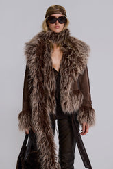Leonie Faux Mongolian Fur Trim Coat in Brown