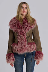 Leonie Faux Mongolian Fur Trim Coat in Quartz