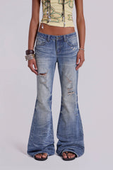 Mid Blue Distressed Creased Drift Flared Jeans