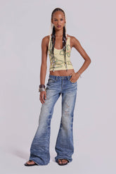 Mid Blue Distressed Creased Drift Flared Jeans