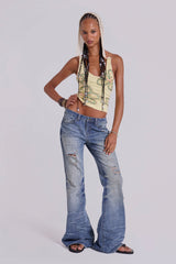 Mid Blue Distressed Creased Drift Flared Jeans