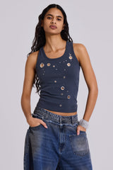 Eye Contact Vest Top With Eyelets in Grey