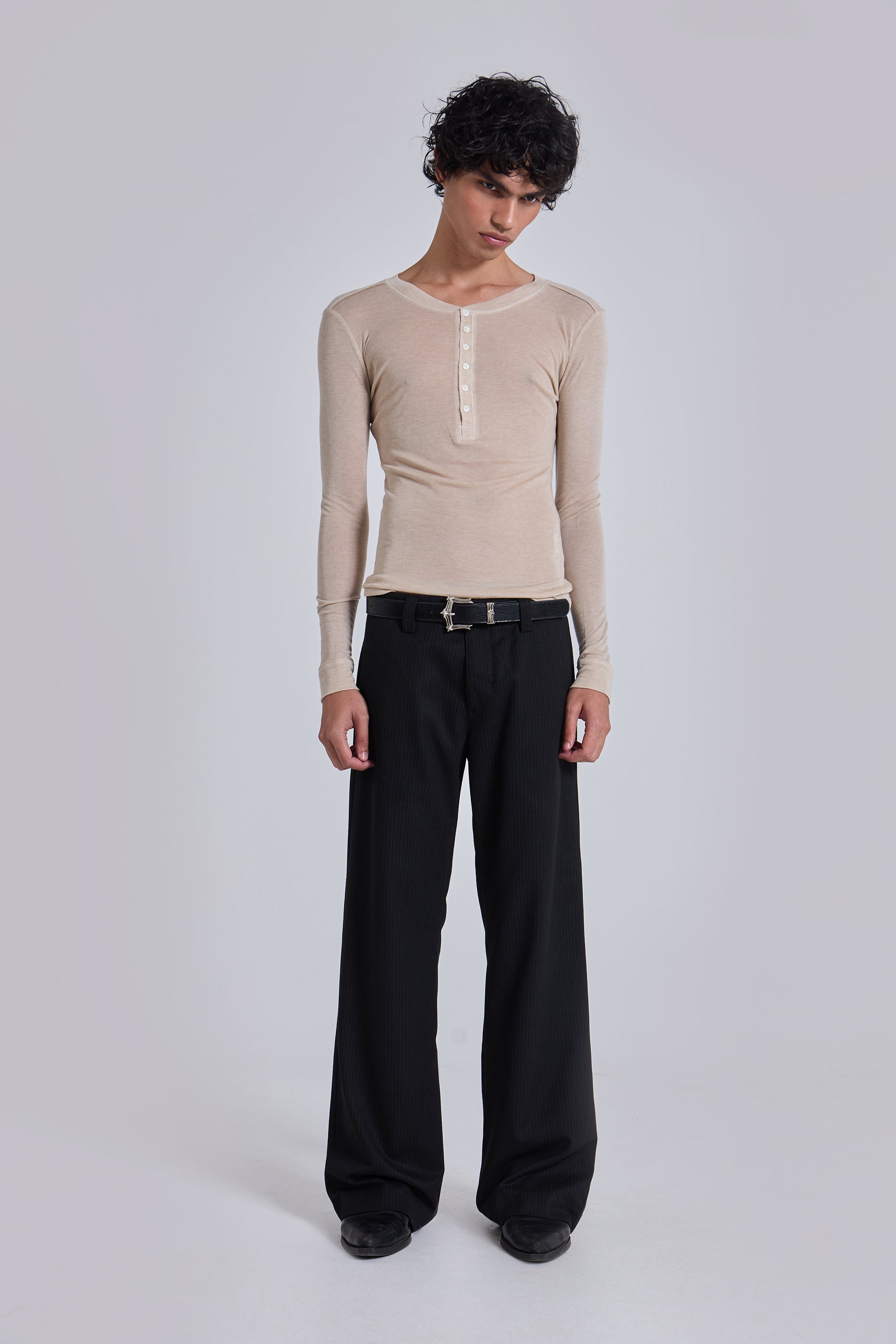 Black Pinstripe Stacked Straight Suit Pants