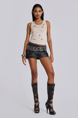 Eye Contact Vest Top With Eyelets in Beige