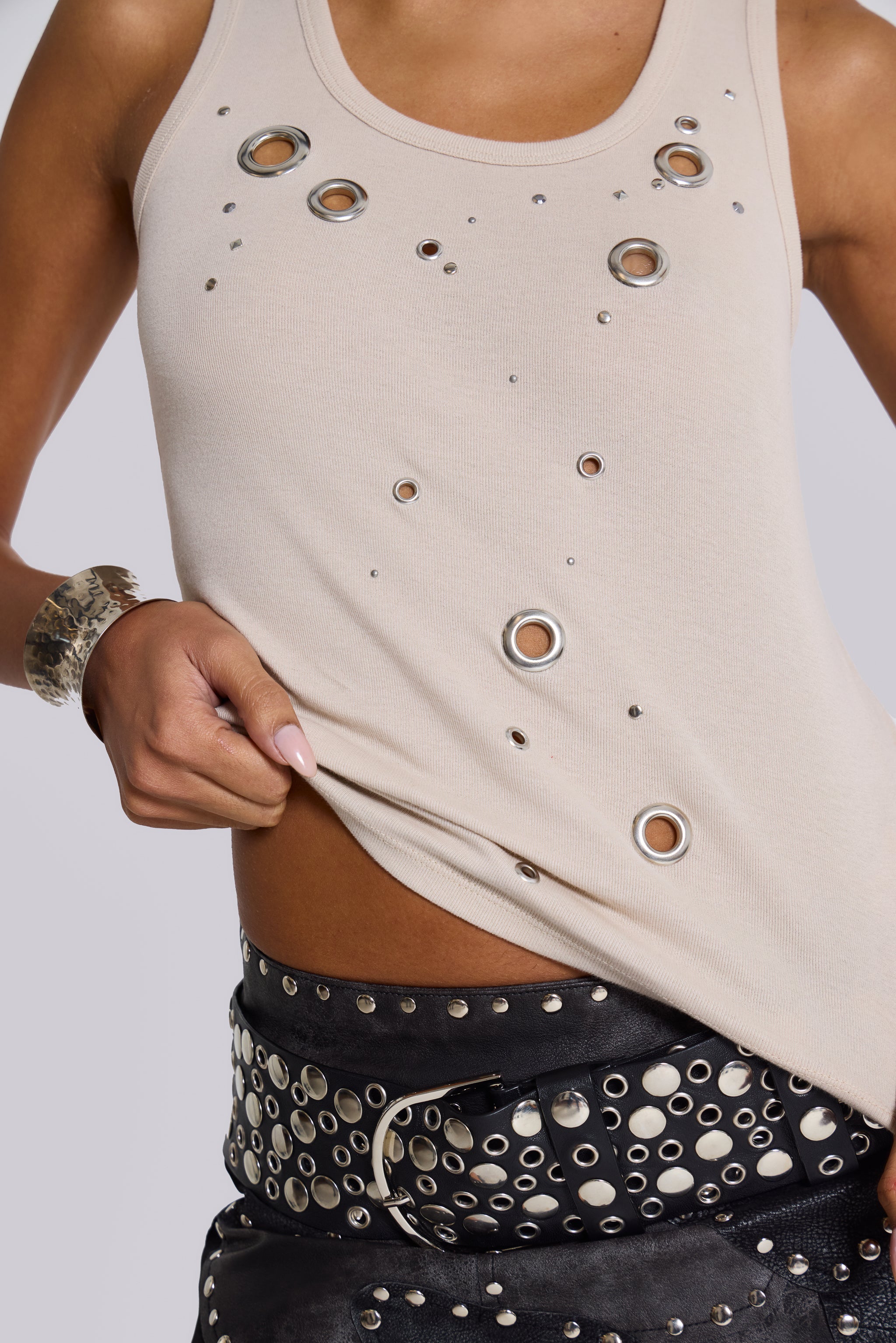 Eye Contact Vest Top With Eyelets in Beige