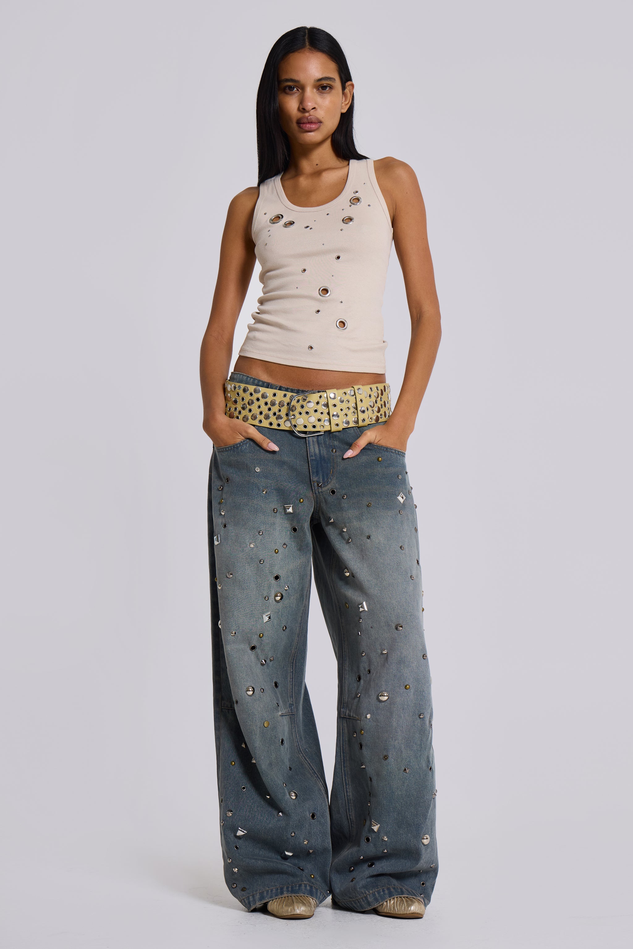 Eye Contact Vest Top With Eyelets in Beige