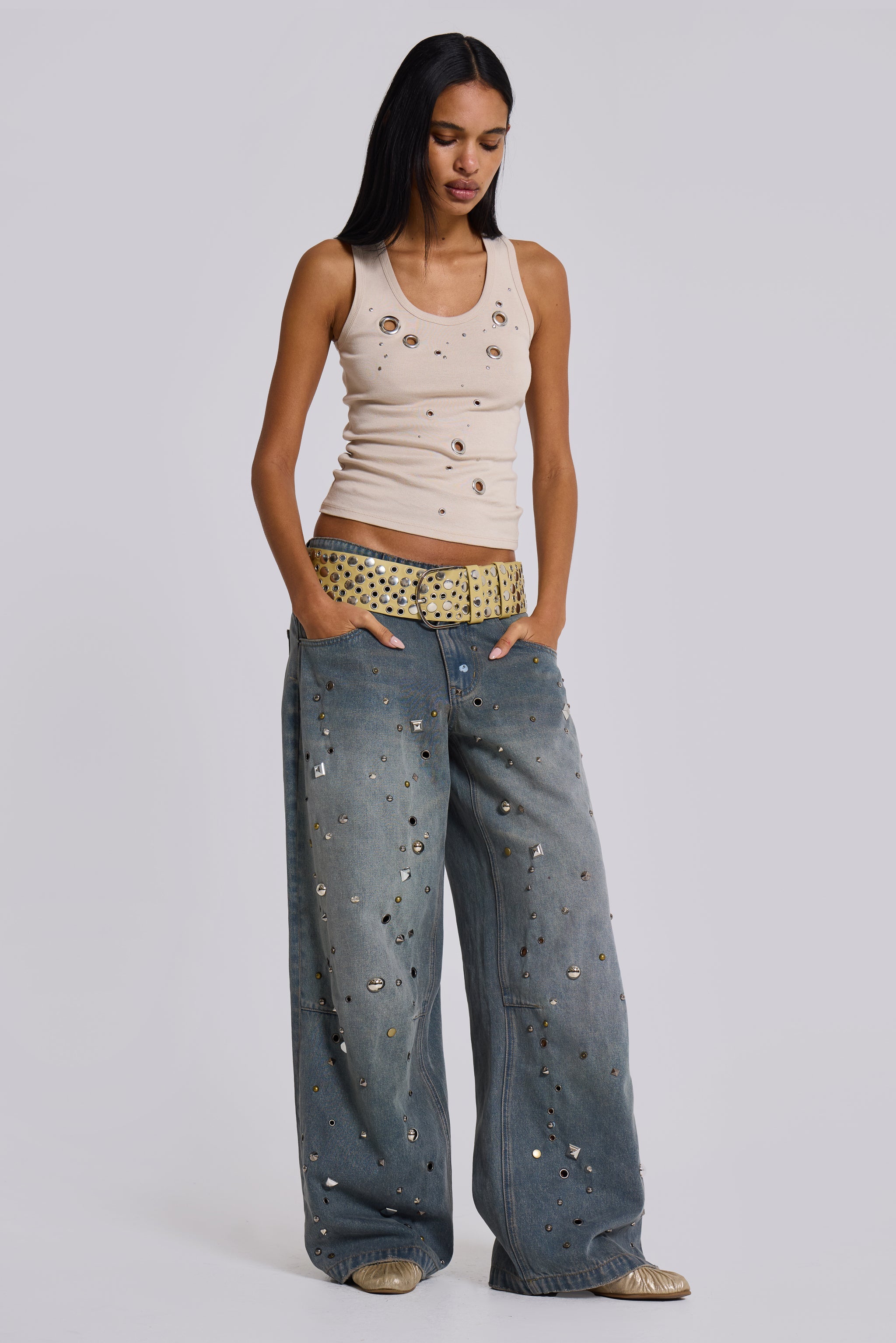 Eye Contact Vest Top With Eyelets in Beige