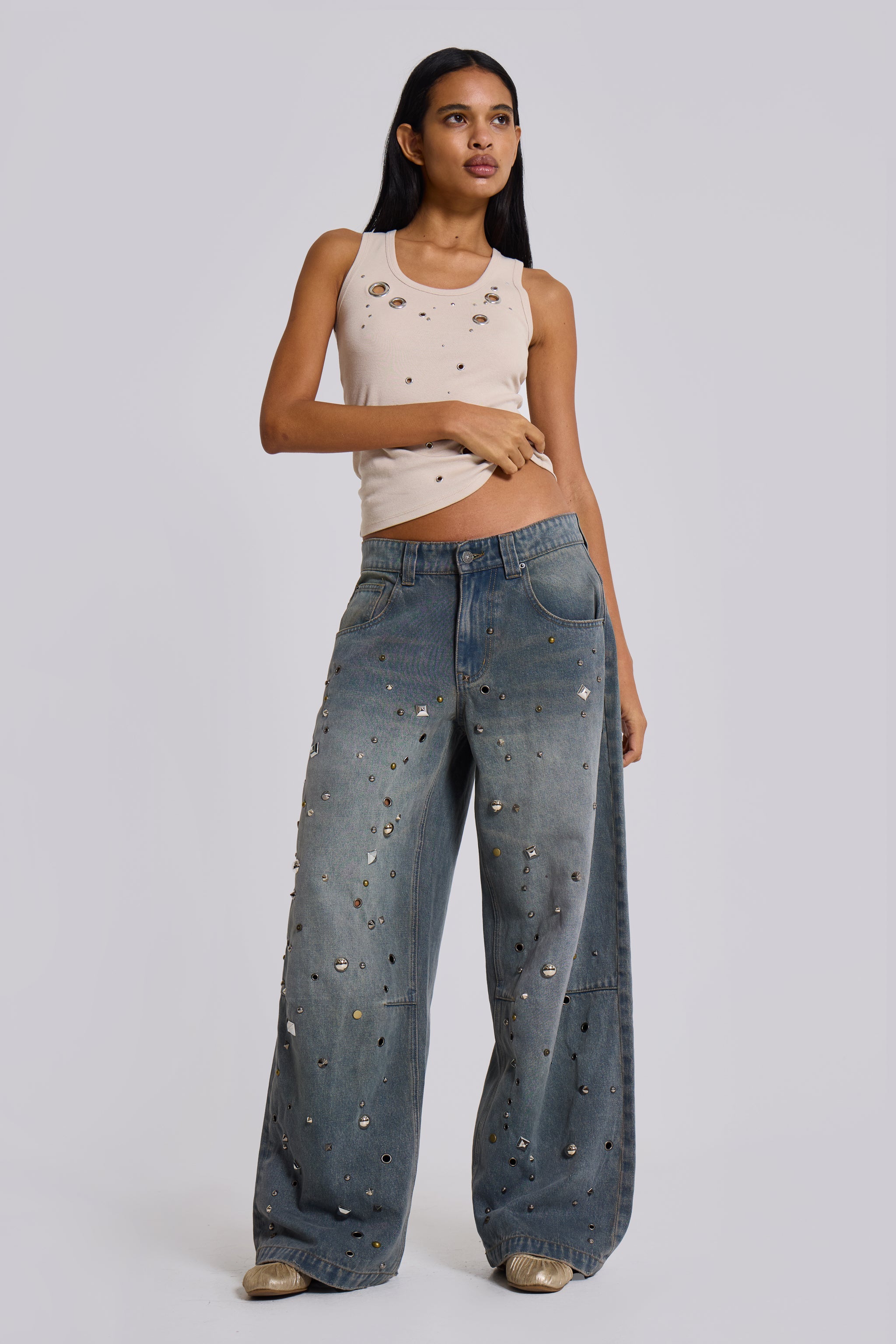 Eye Contact Vest Top With Eyelets in Beige