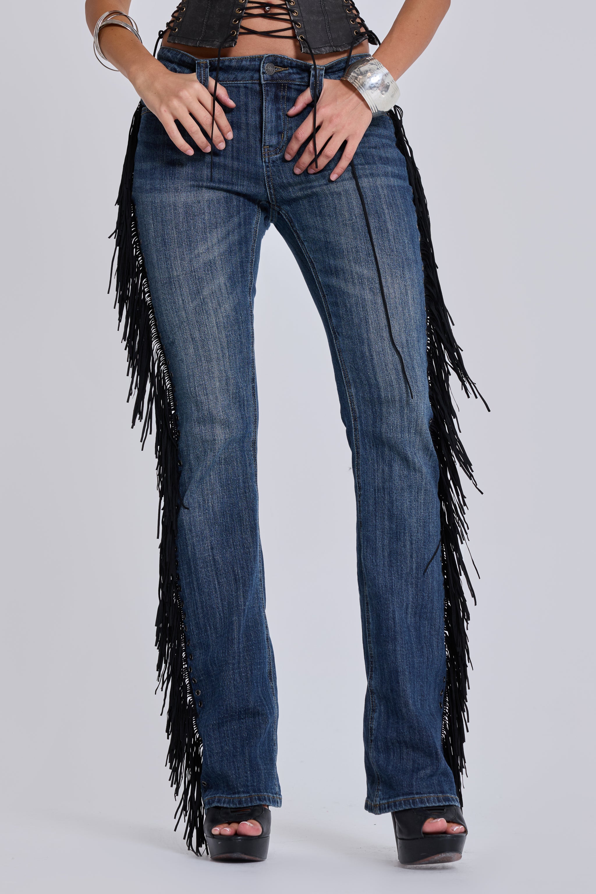 El Topo Fringe Bootcut Jeans in Blue Wash