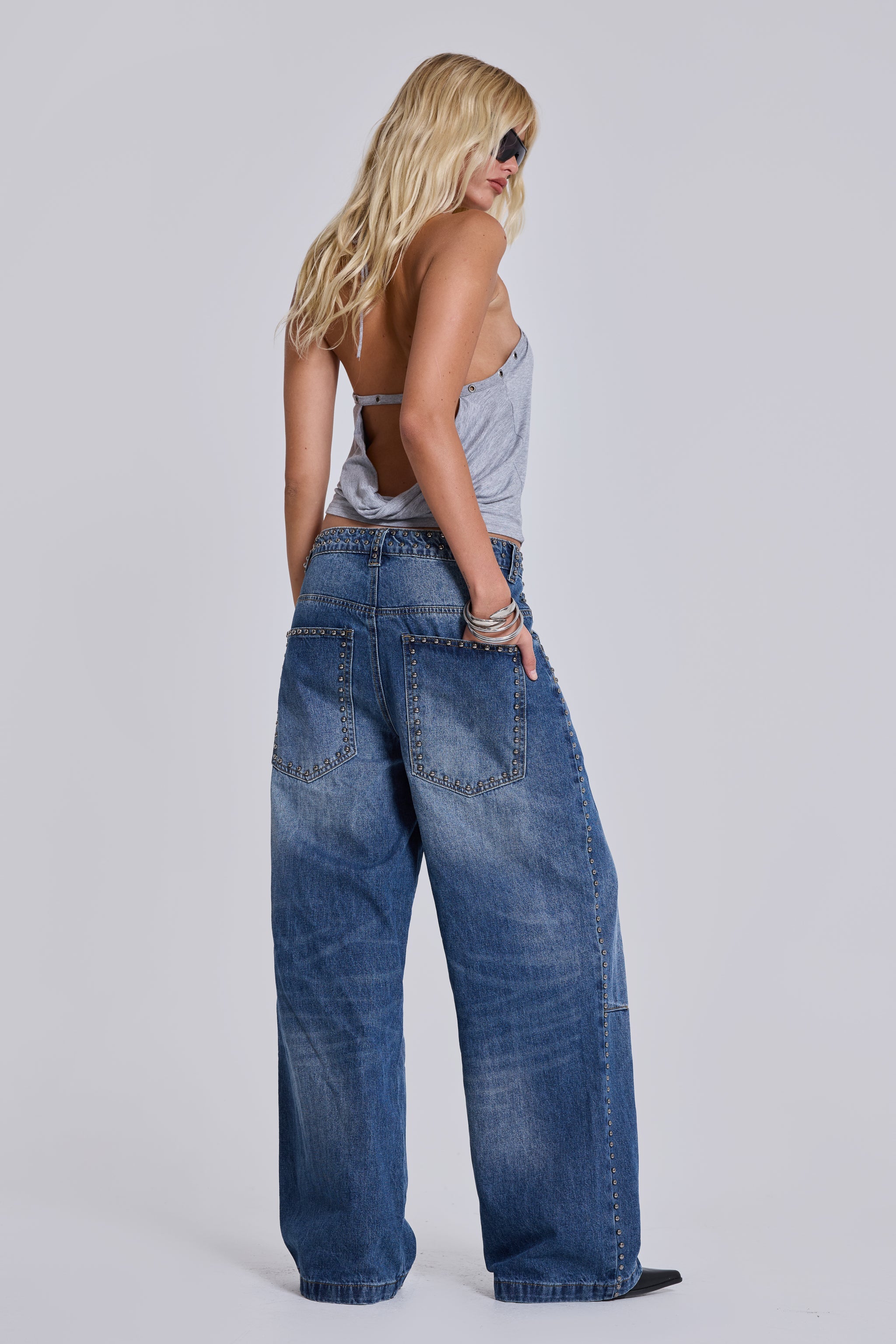 Nailed Studded Colossus Jeans in Mid Blue Wash
