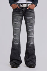 Washed Black Laced Flared Jeans