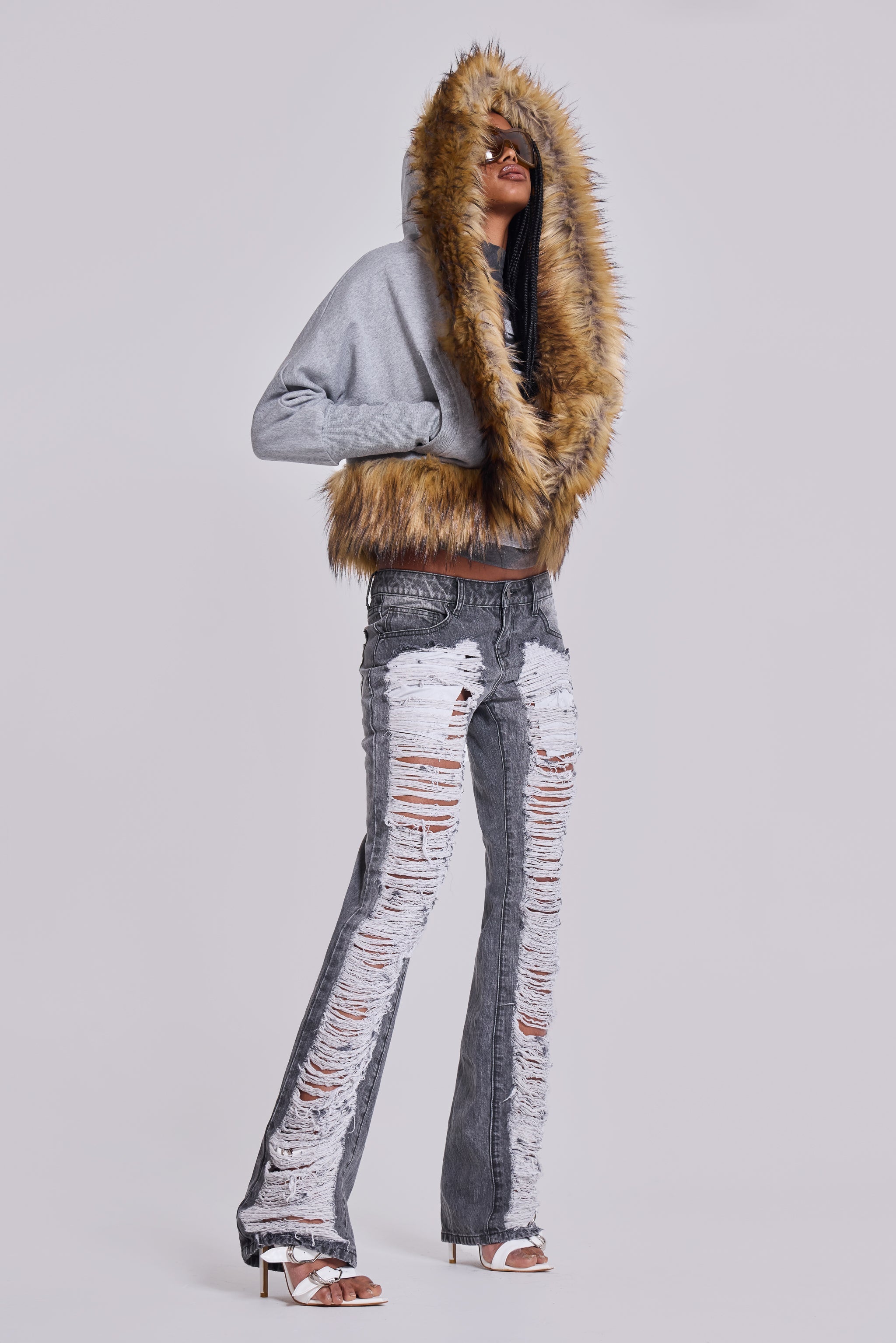 Zain Shredded Bootcut Jeans in Grey