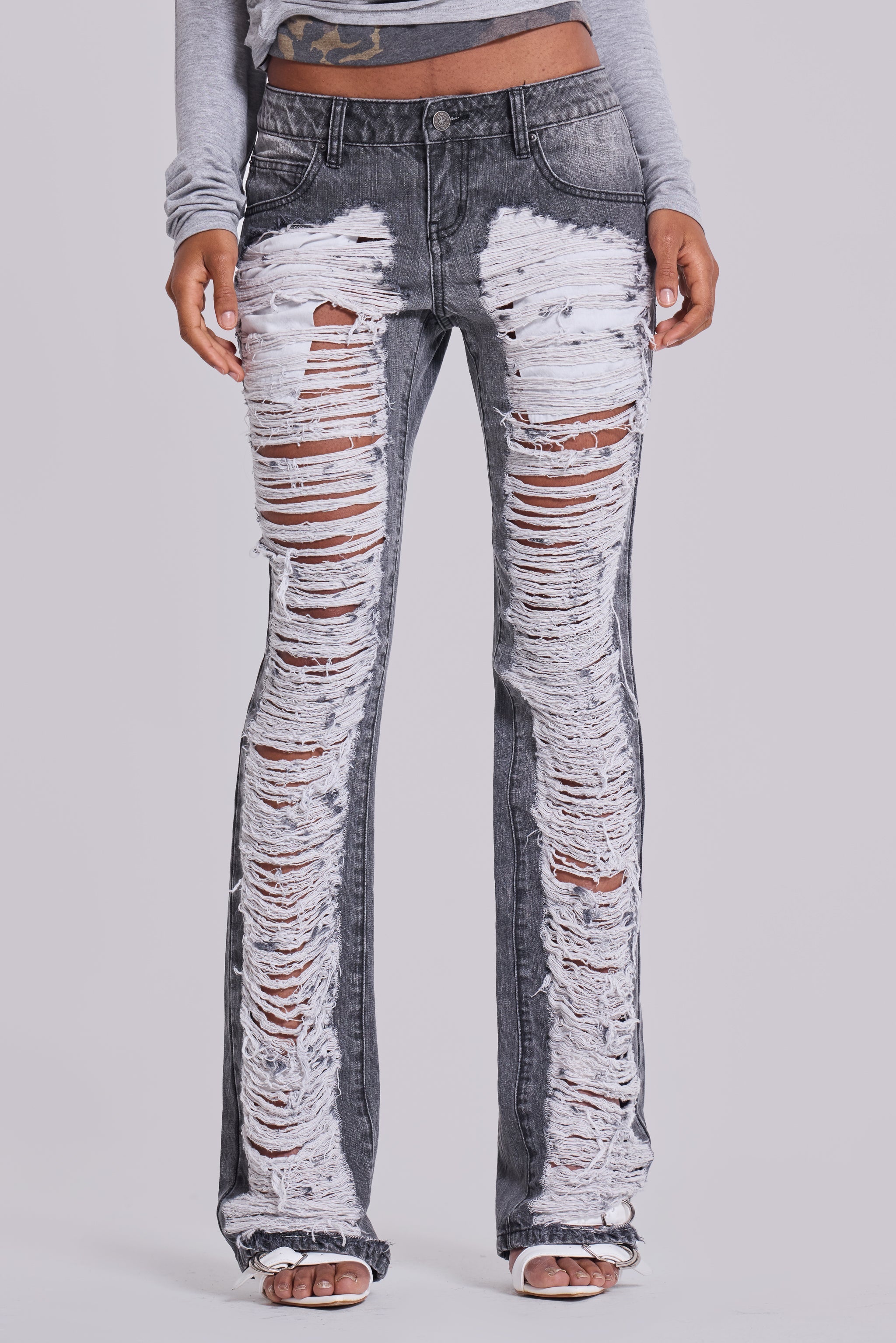 Zain Shredded Bootcut Jeans in Grey