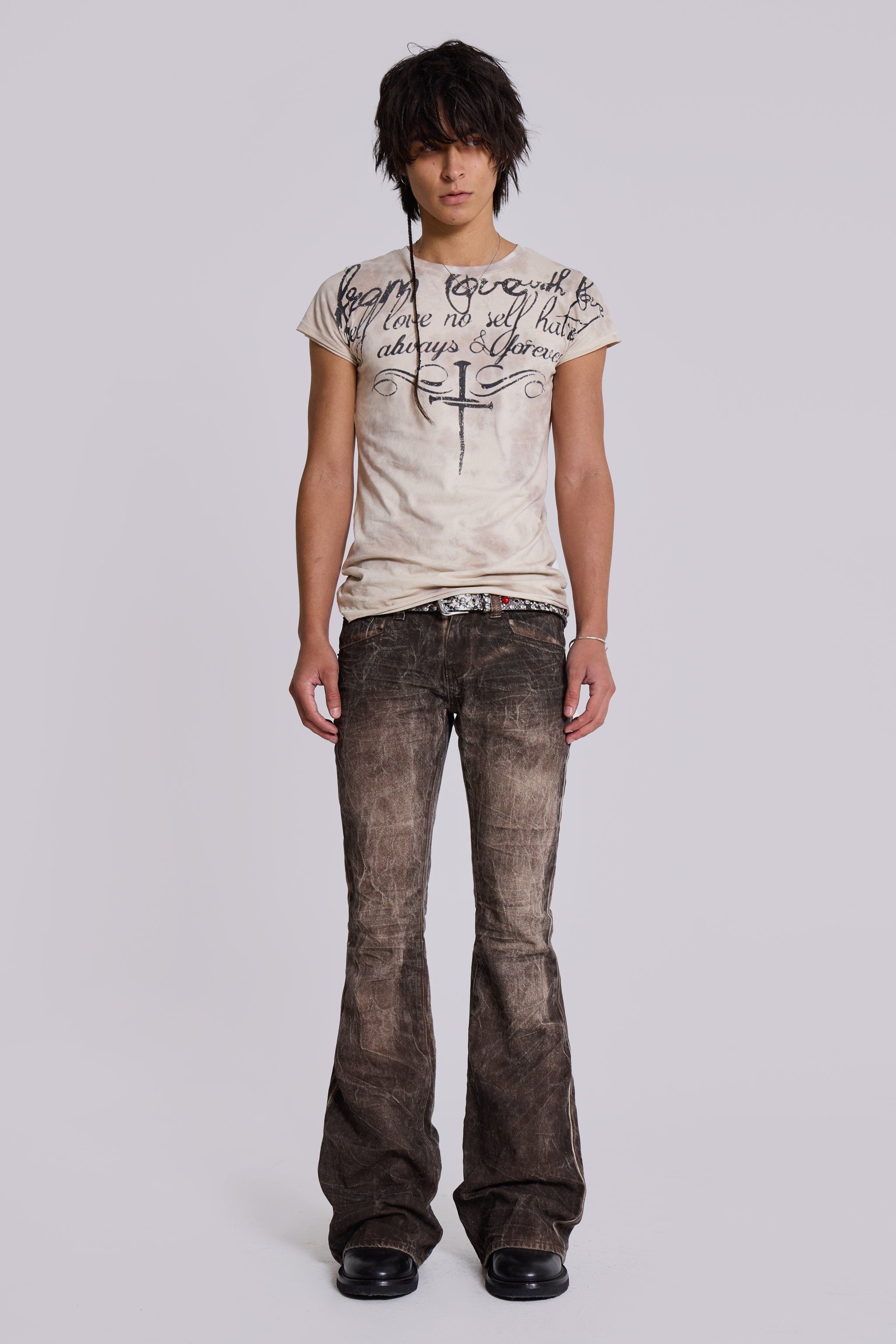 Brown Creased Drift Flared Jeans