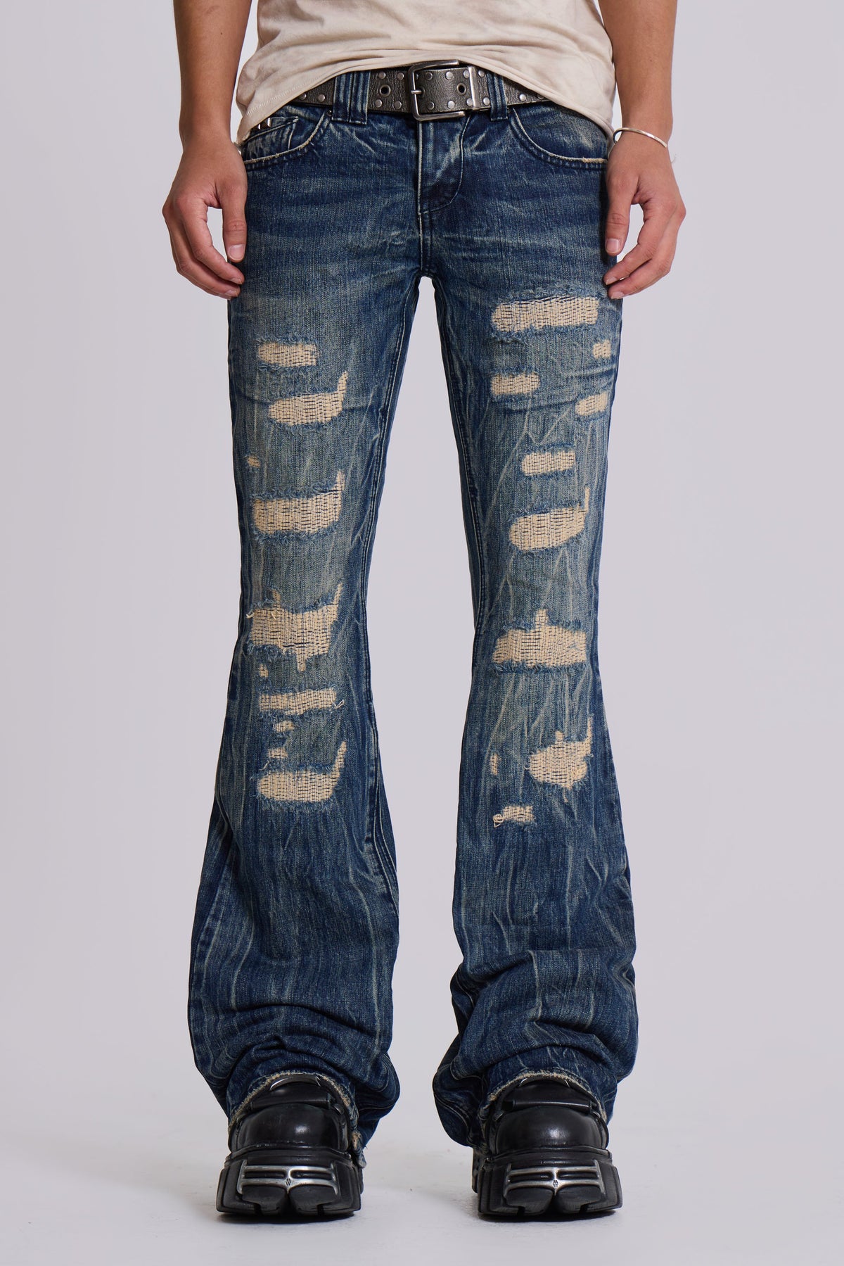Washed Blue Laced Flared Jeans