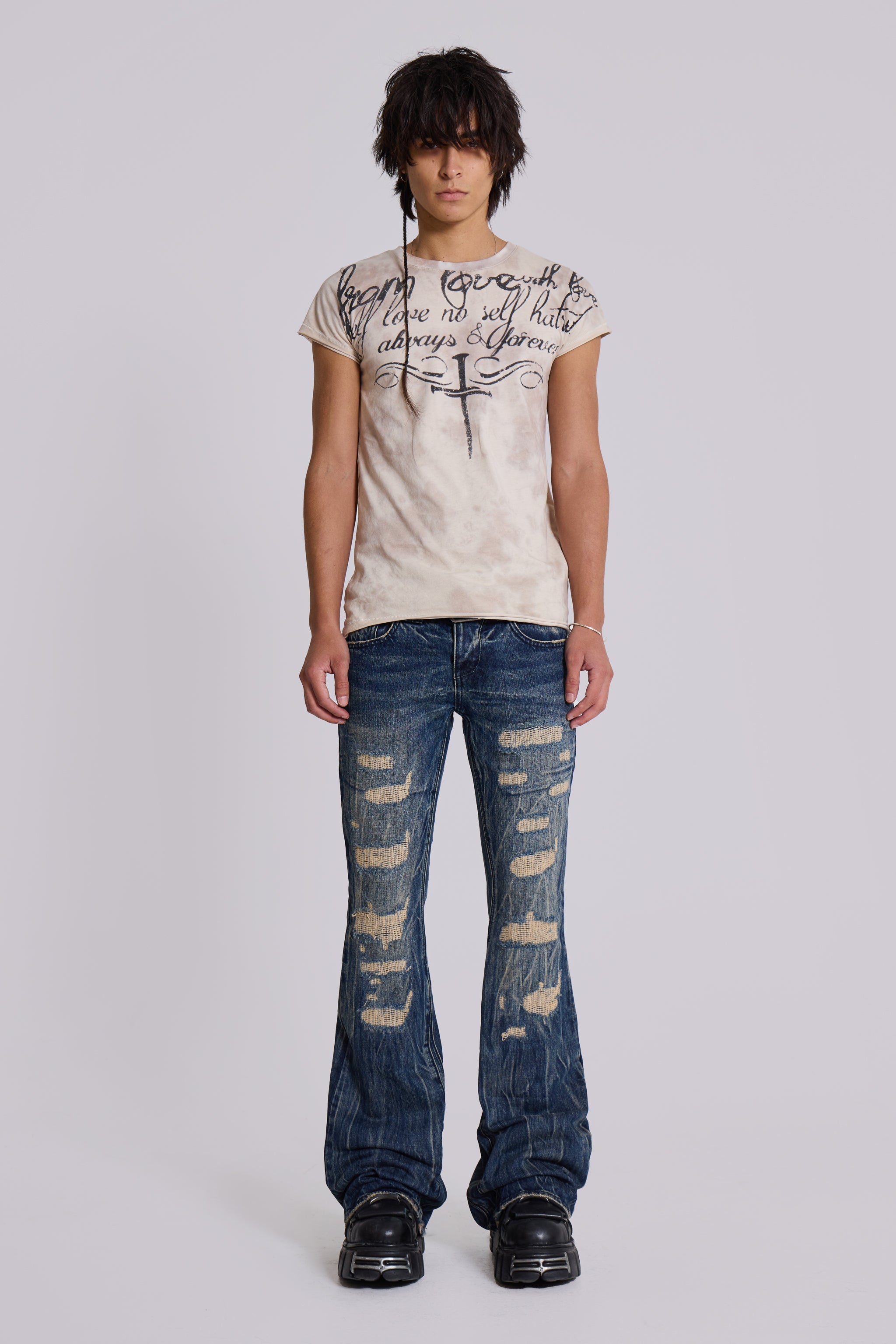 Washed Blue Laced Flared Jeans