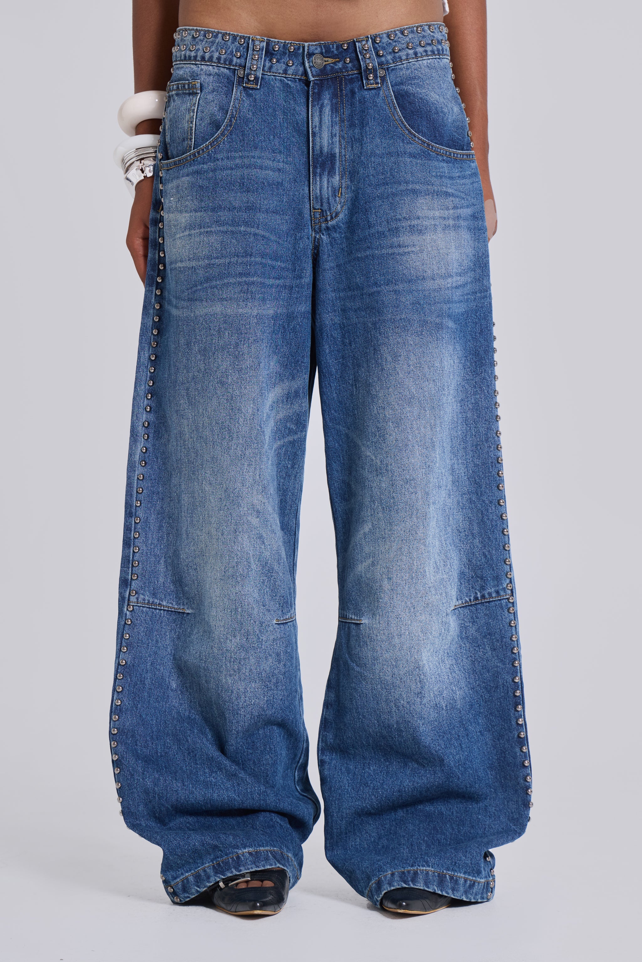 Nailed Studded Colossus Jeans in Mid Blue Wash
