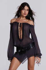 Lorenza Sheer Bardot Dress in Dusk