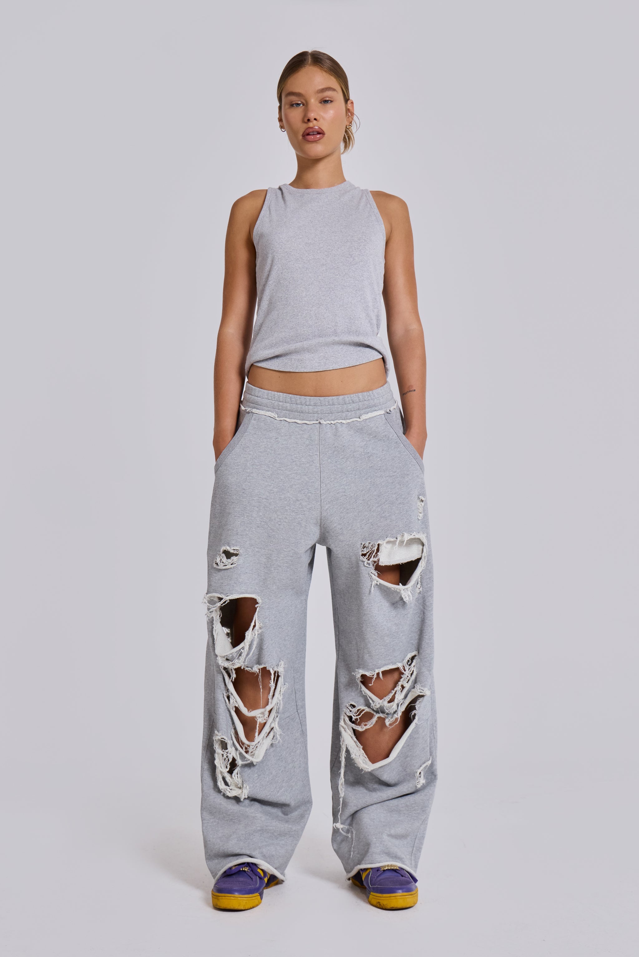 Distressed Grey Marl Baggy Monster Joggers