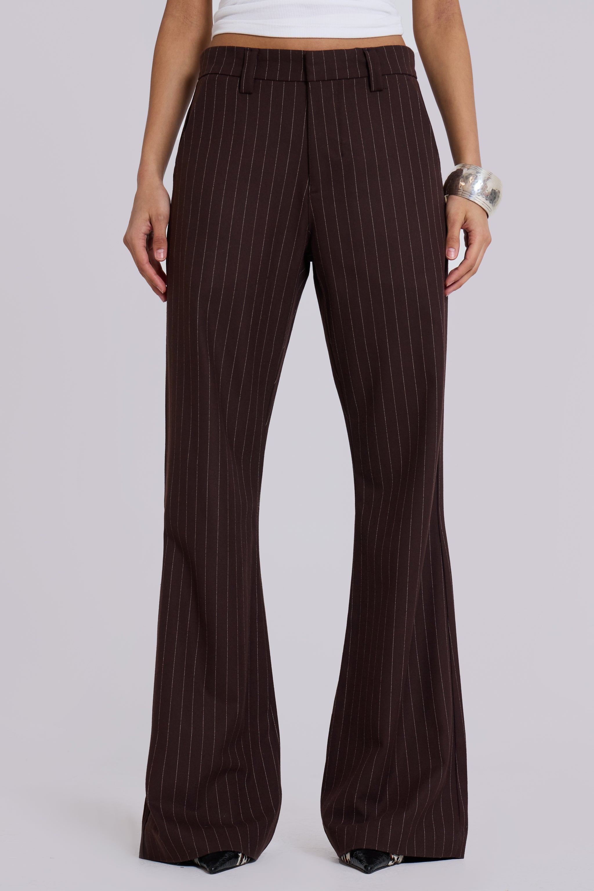 Brown Pinstripe Stacked Bootcut Suit Pants
