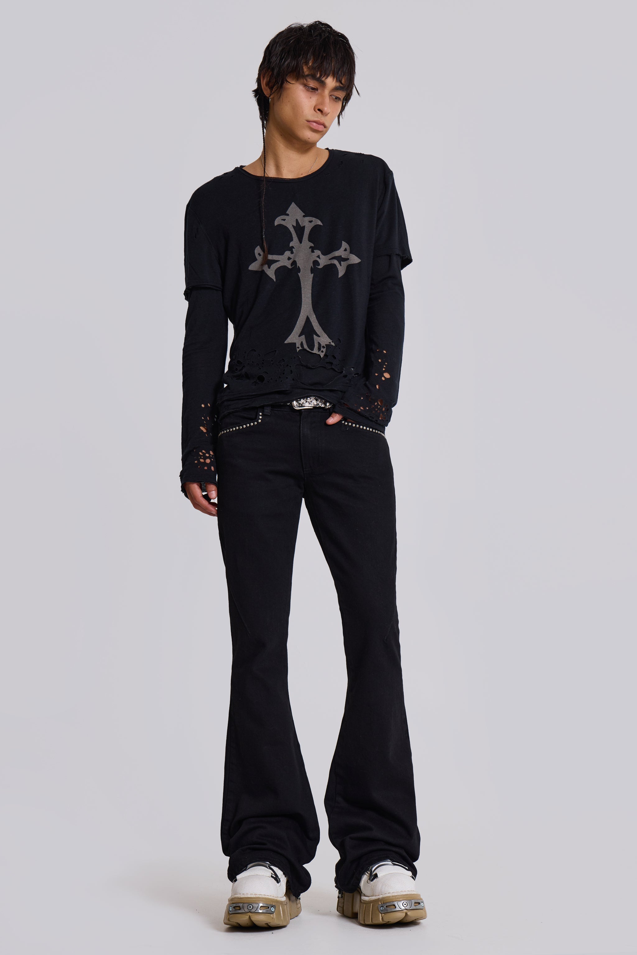 Jet Black Studded Drift Flared Jeans