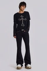 Jet Black Studded Drift Flared Jeans