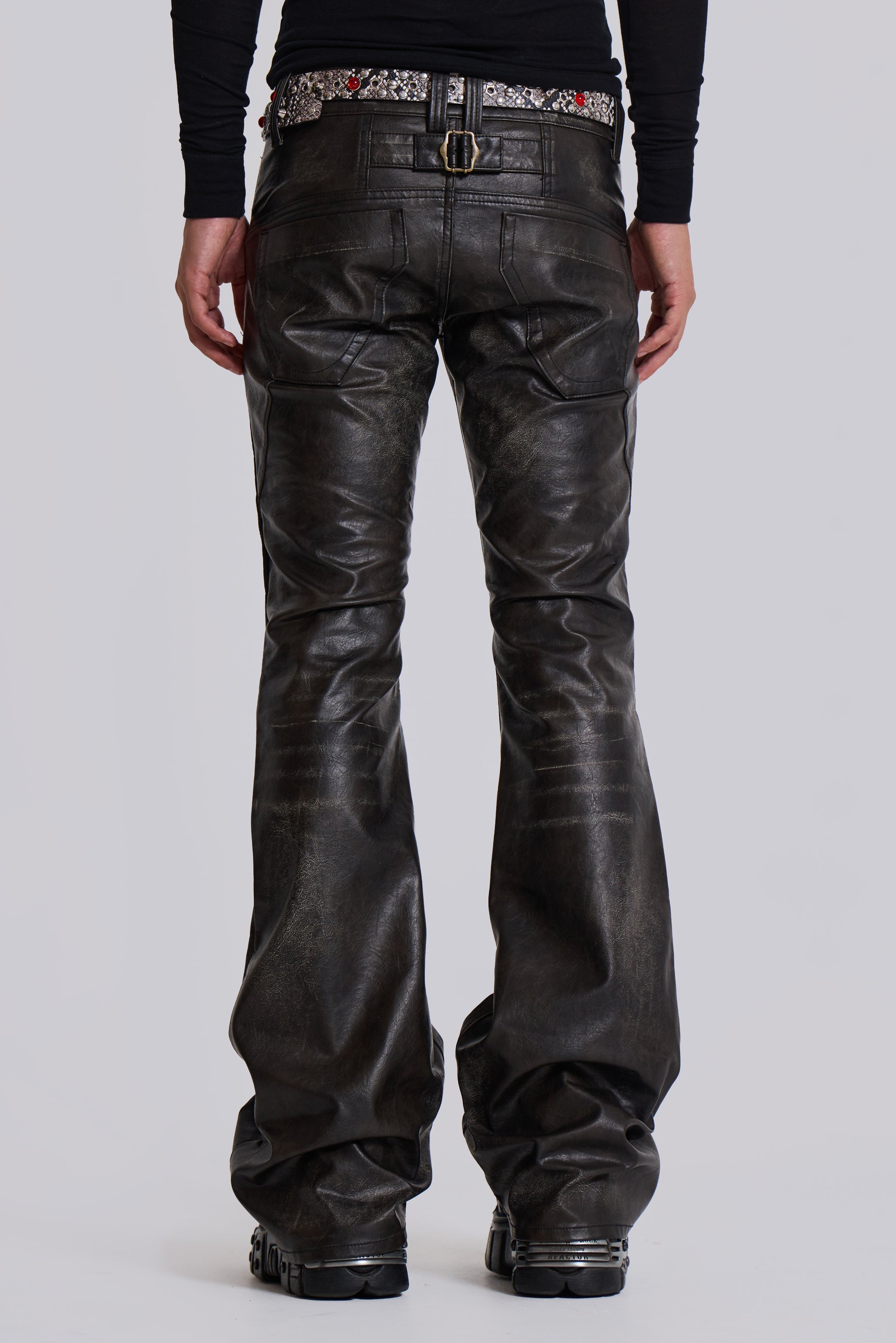 Washed Black PU Drift Flared Jeans