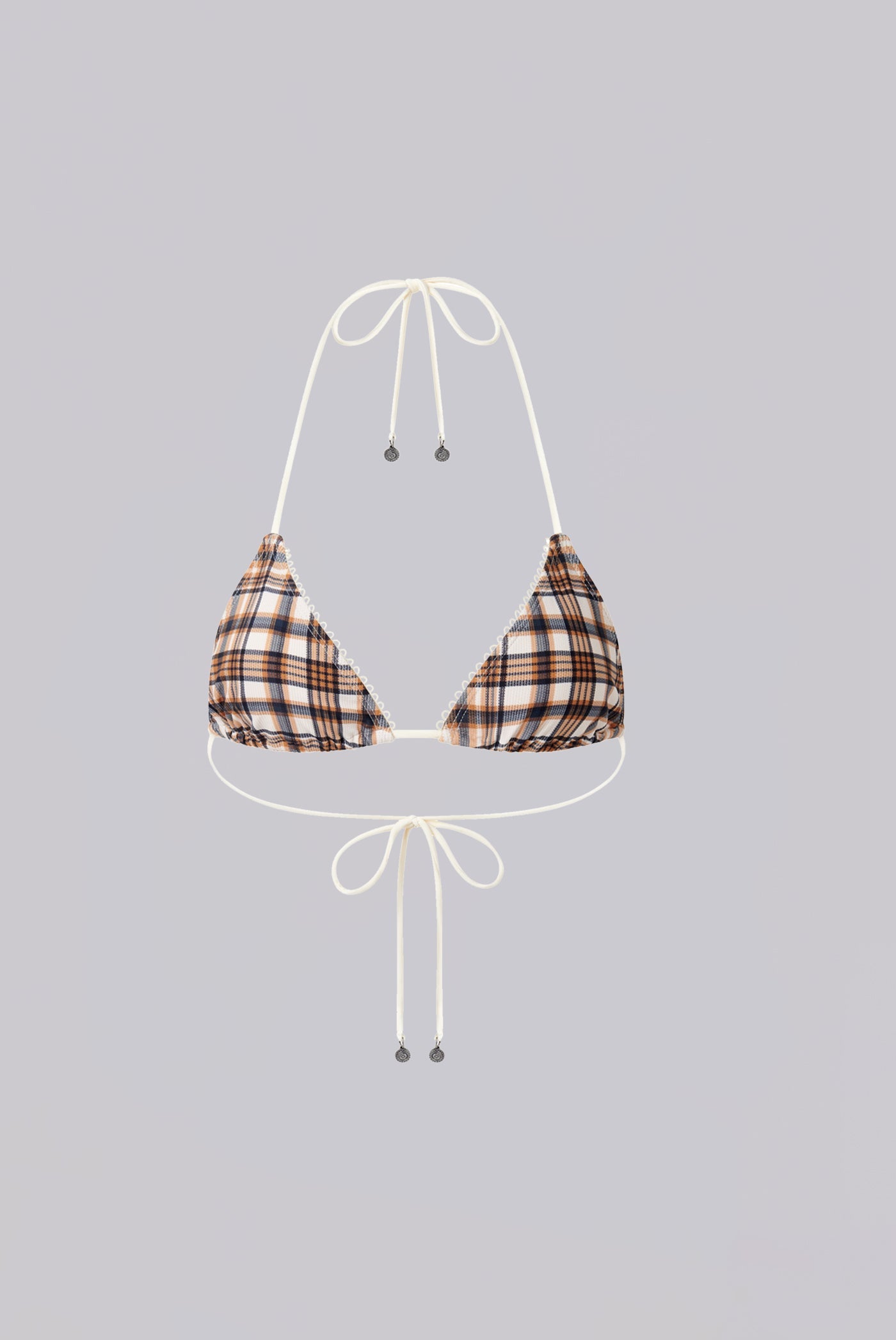 Brown Checked In Triangle Bikini Top