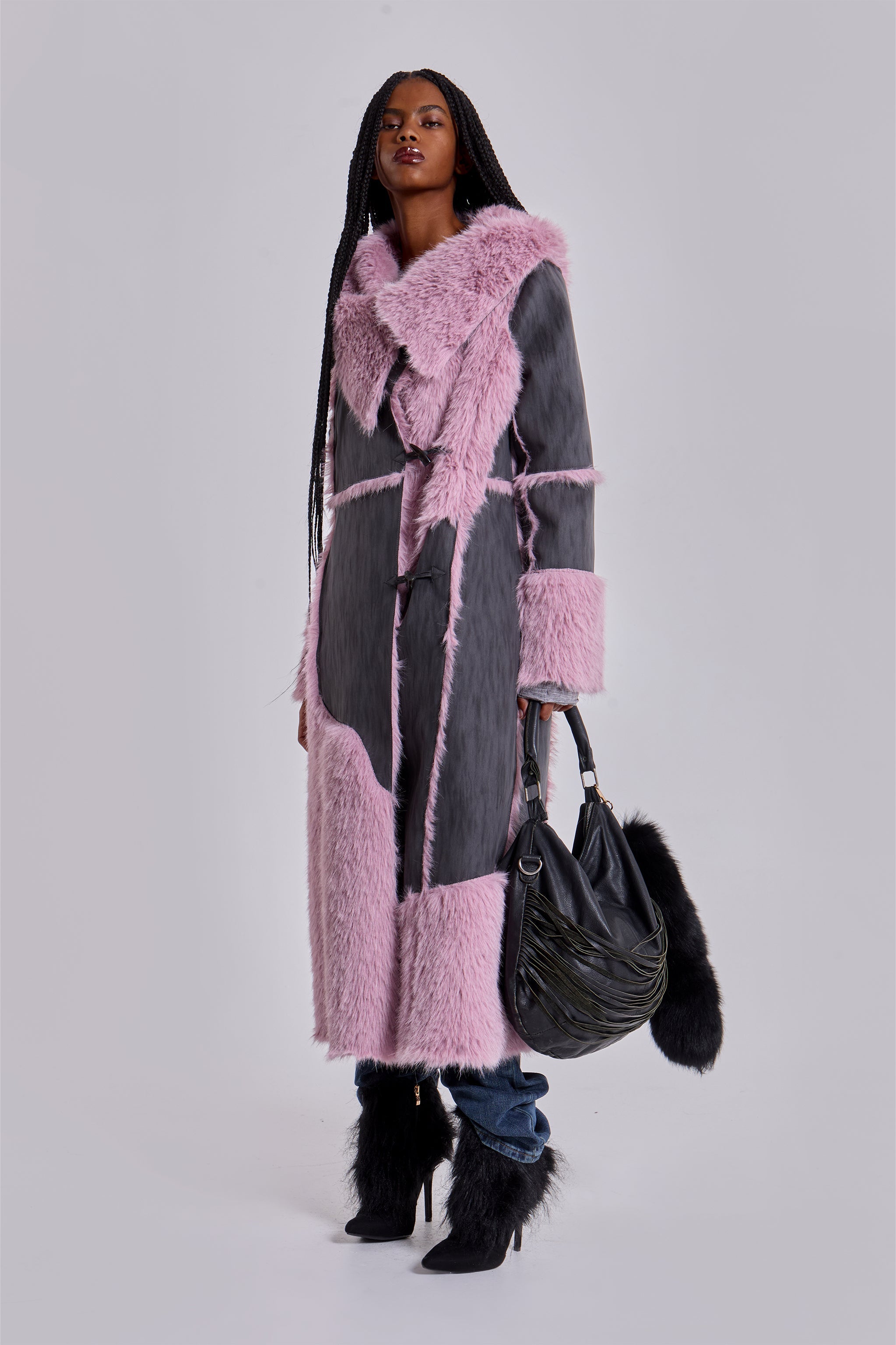 Alise Patchwork Faux Suede and Fur Maxi Coat